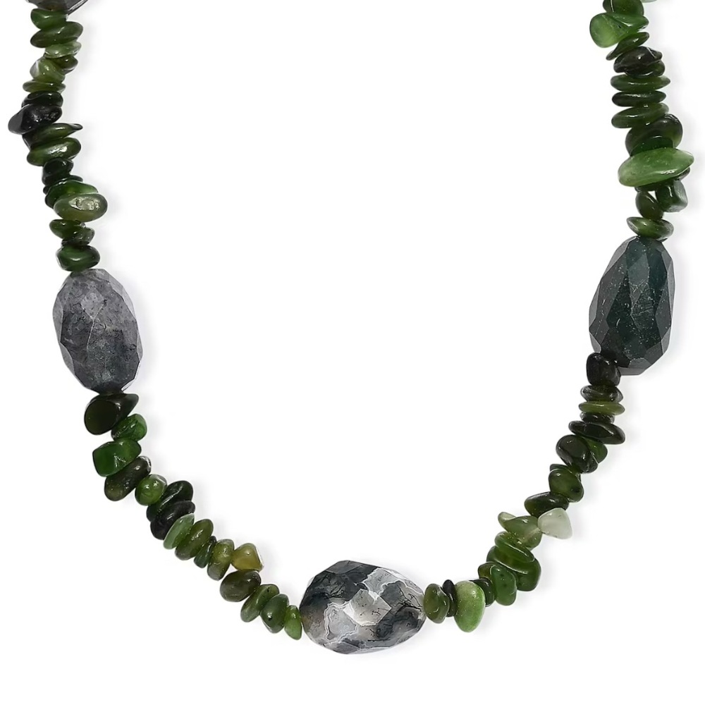 NWOT Moss Agate Tumble and Nephrite 350.00 ctw Chips Necklace in Stainless Steel